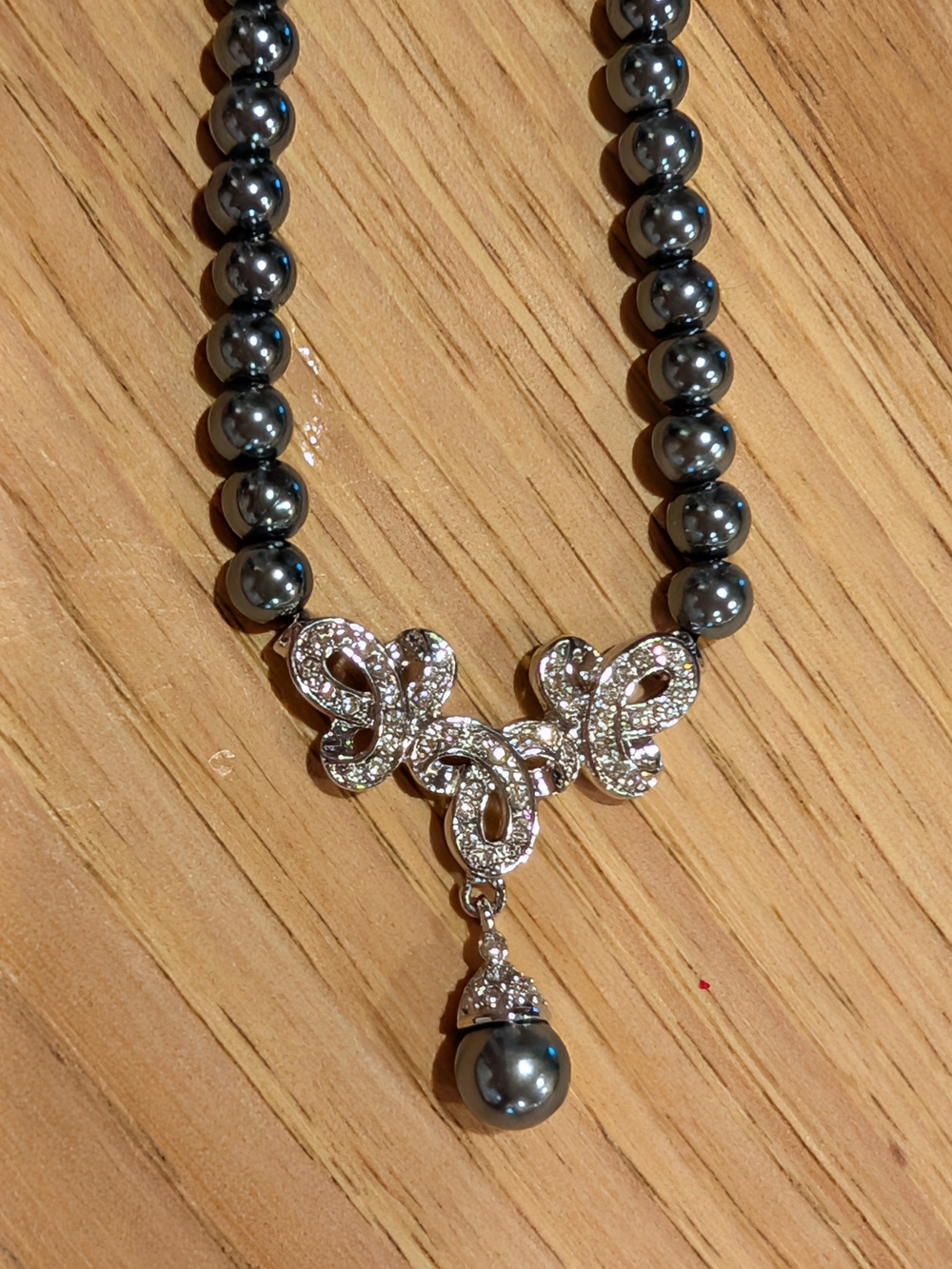 Rhodium-Tone Black Faux Pearl Pendant Necklace with Crystal Accent